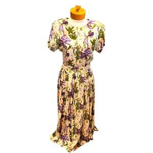 Size XS/S Vintage Womens Midi Dress Ann Trian Kenar 2 Floral Purple Green